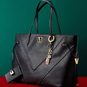 VS black weekender vegan leather gold tone V logo zip bag